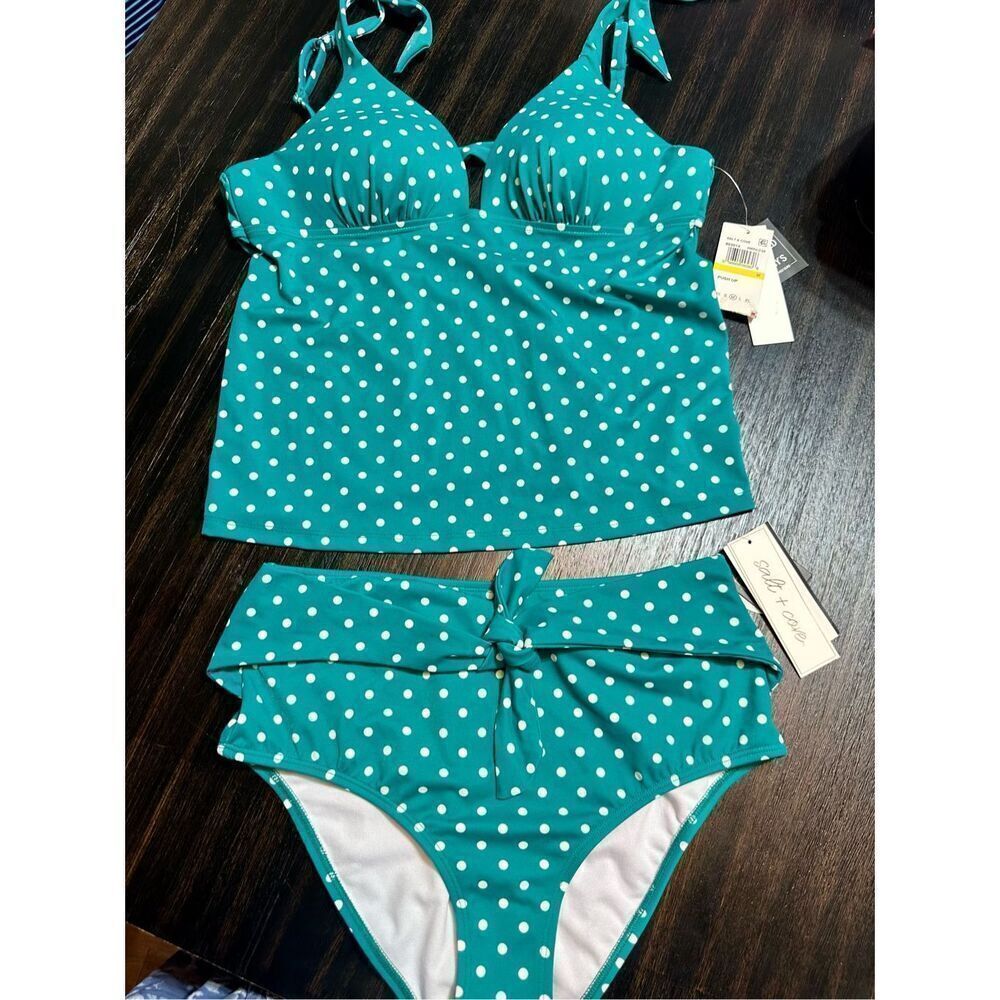 Salt & Cove NWT THREE piece bikini/ tankini set size M- green and white polka do